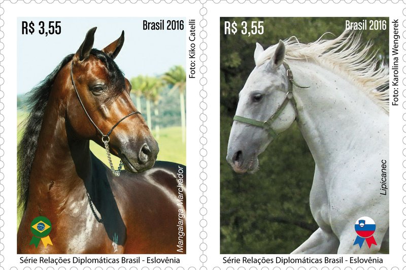 Pošta Brazilije je izdala spominski znamki z motivom lipicanca in brazilskega konja pasme mangalarga marchador (foto: znamke)