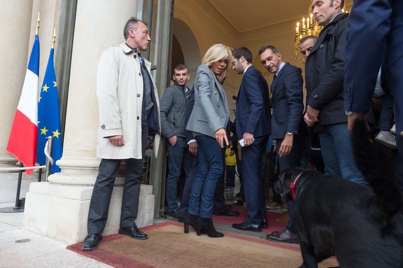 Macronov pes je med srečanjem članov vlade dvignil zadnjo tačko ob kamin v Elizejski palači (foto: profimedia)