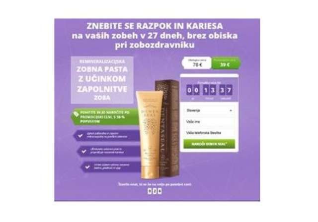 Oglas za zobno pasto Denta Seal ZAVAJA, zato inšpektorat nakup odsvetuje (foto: Zdravniška zbornica Slovenije)