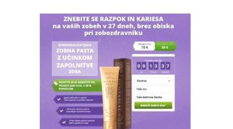 Oglas za zobno pasto Denta Seal ZAVAJA, zato inšpektorat nakup odsvetuje (foto: Zdravniška zbornica Slovenije)