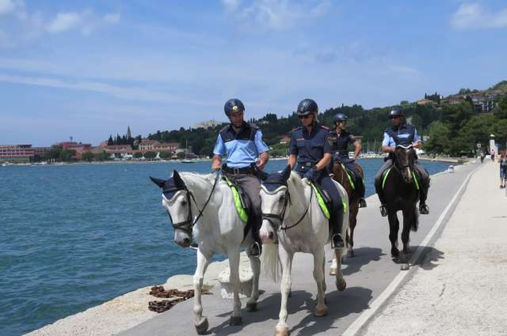 Avstrijski in slovenski policisti na konjih v skupni patrulji v Piranu (foto: Mitja Volčanšek/STA)