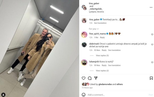 Tina je tako v nedeljo na svojem Instagramu objavila njuno fotografijo iz dvigala in ob tem pripisala: "Trenirkarji pa to… …