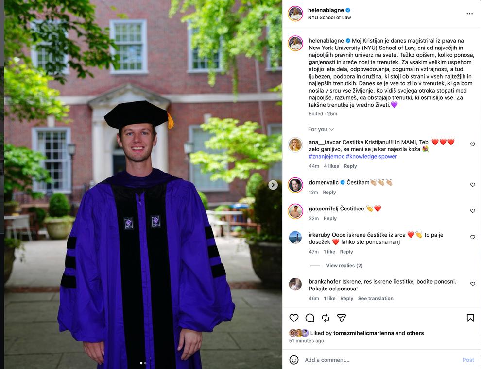 Njen sin Kristijan je namreč magistriral iz prava na prestižni New York University (NYU) School of Law, eni največjih in …