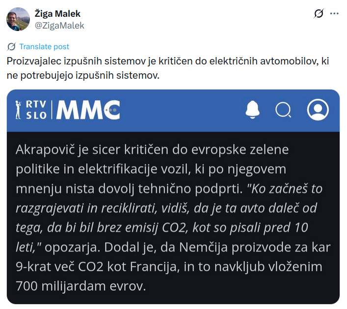 Proizvajalec izpušnih sistemov kritičen do električnih avtomobilov, ki ne potrebujejo izpušnih sistemov